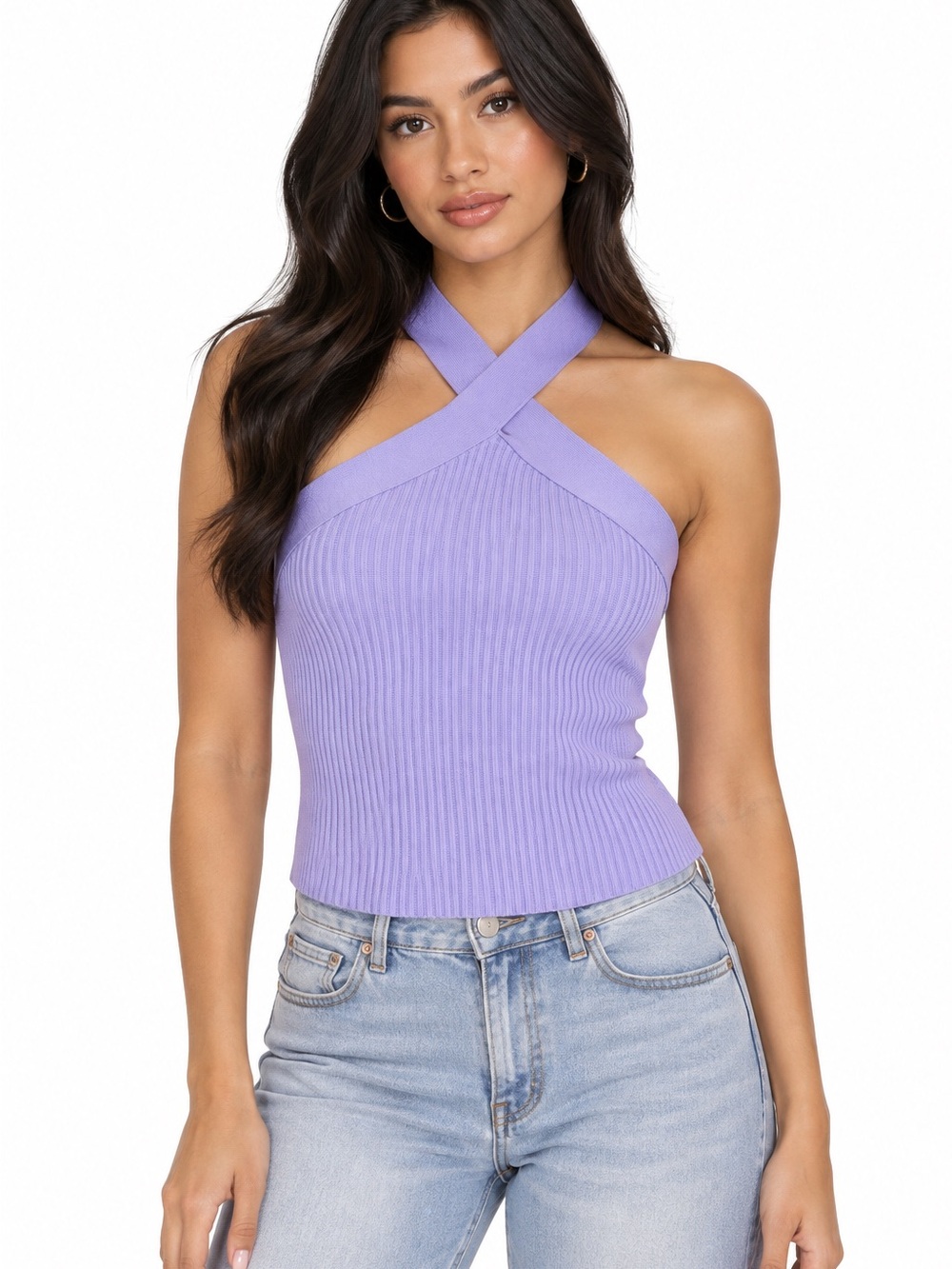 Forever 21 Lavender Ribbed Knit Cross Halter Top Size Large